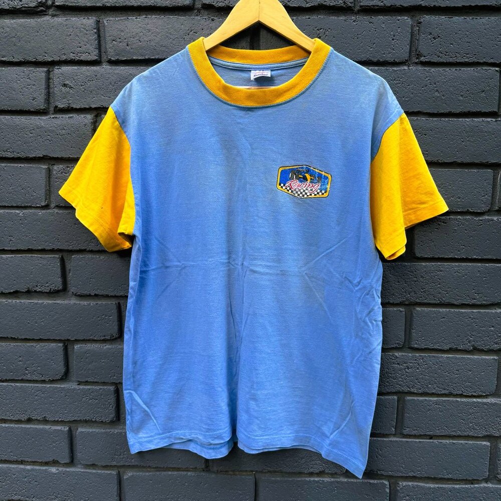 VTG Sunshine T shirt Racing Graphic Print Colorblock Blue Yellow L Short Sleeves